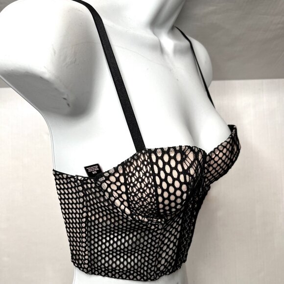 Victorias Secret Bustier Size 32B Black Nude Fishnet Very Sexy Lace Balconet Bra - Picture 6 of 9